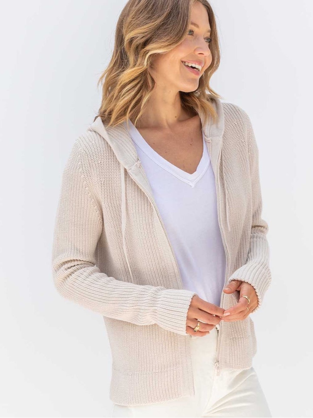 PURA CASHMERE cream fisherman Knit Zip-Up Hoodie Sweater Size m